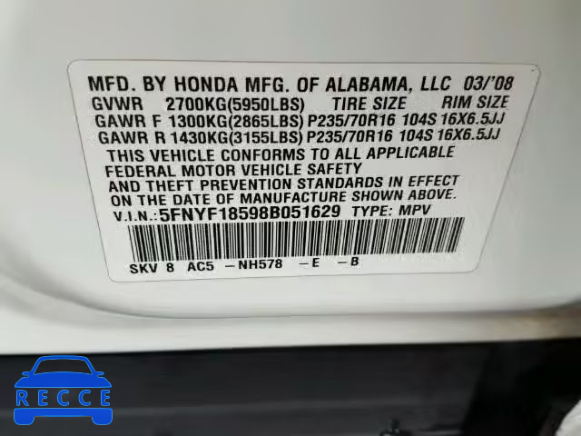 2008 HONDA PILOT EXL 5FNYF18598B051629 image 9