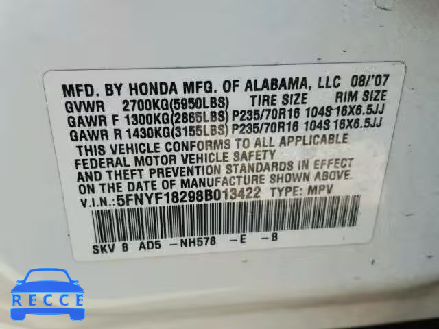 2008 HONDA PILOT VP 5FNYF18298B013422 image 8