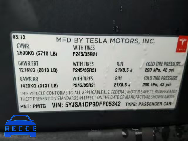 2013 TESLA MODEL S 5YJSA1DP9DFP05342 зображення 9