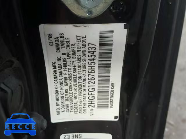 2006 HONDA CIVIC LX 2HGFG12676H545437 image 9