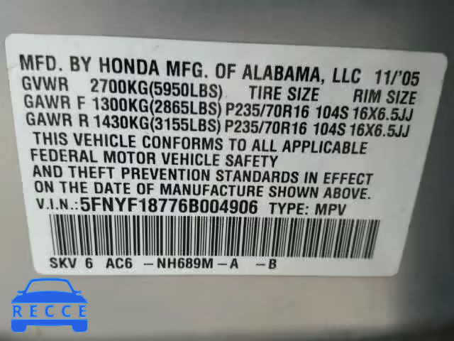 2006 HONDA PILOT EX 5FNYF18776B004906 image 9