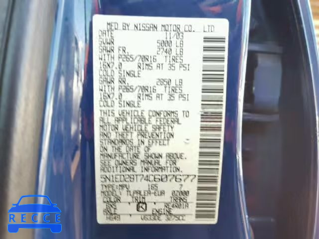 2004 NISSAN XTERRA XE/ 5N1ED28T74C607677 зображення 9