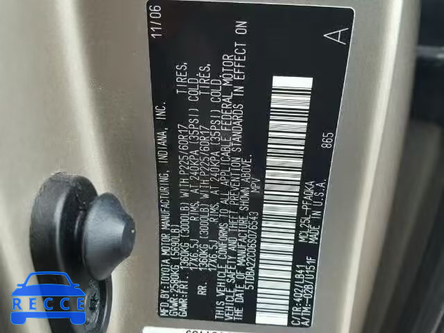 2006 TOYOTA SIENNA XLE 5TDBA22C06S076543 зображення 9