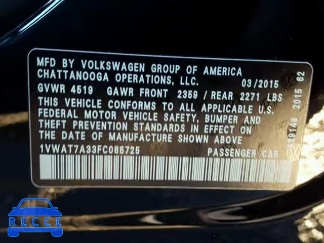 2015 VOLKSWAGEN PASSAT S 1VWAT7A33FC085725 image 8