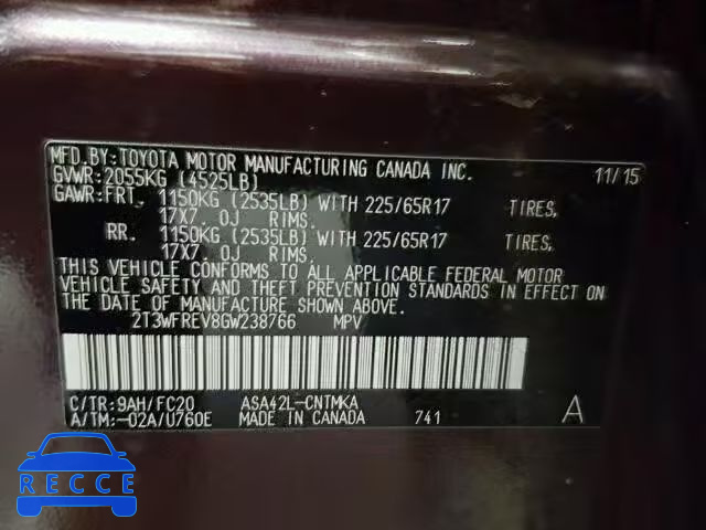 2016 TOYOTA RAV4 XLE 2T3WFREV8GW238766 зображення 9