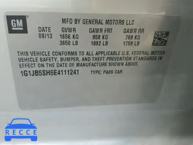 2014 CHEVROLET SONIC LS 1G1JB5SH6E4111241 Bild 9