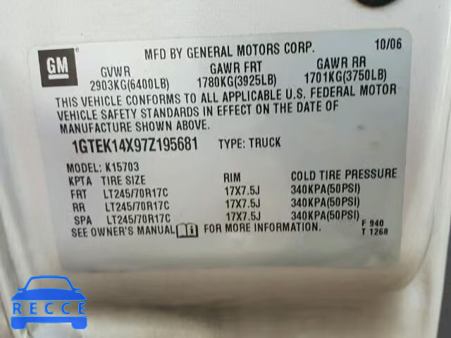 2007 GMC SIERRA K15 1GTEK14X97Z195681 image 9