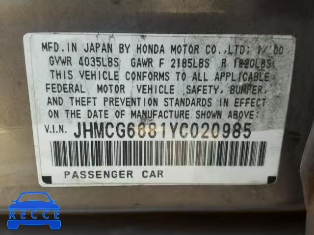 2000 HONDA ACCORD EX JHMCG6681YC020985 Bild 9