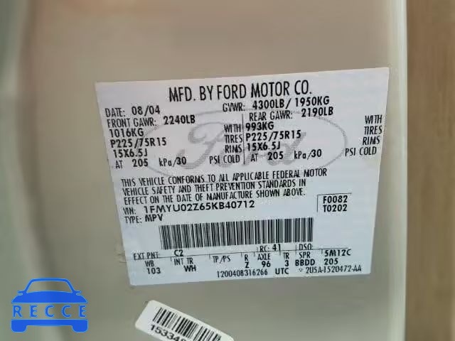 2005 FORD ESCAPE XLS 1FMYU02Z65KB40712 image 9