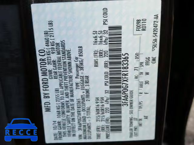 2015 FORD FUSION S 3FA6P0G7XFR183365 Bild 9