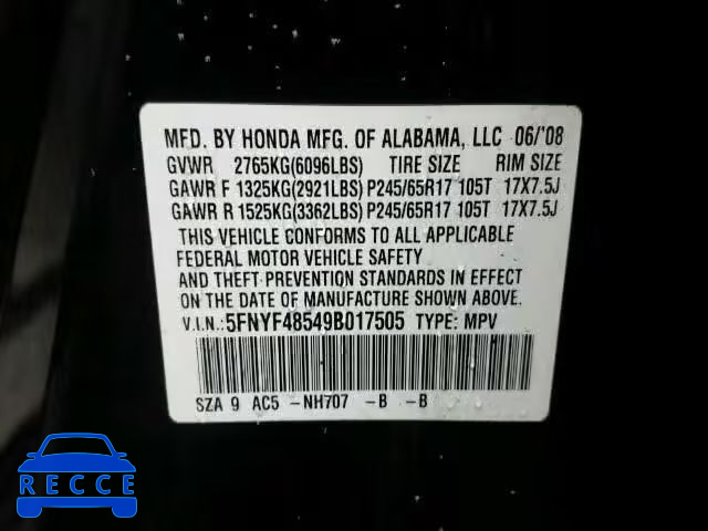 2009 HONDA PILOT EXL 5FNYF48549B017505 image 8