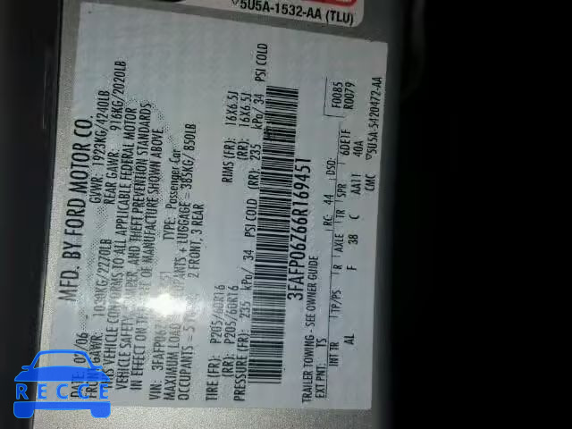 2006 FORD FUSION S 3FAFP06Z66R169451 image 9