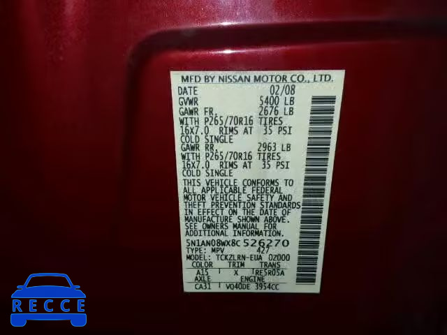 2008 NISSAN XTERRA 4.0 5N1AN08WX8C526270 image 9