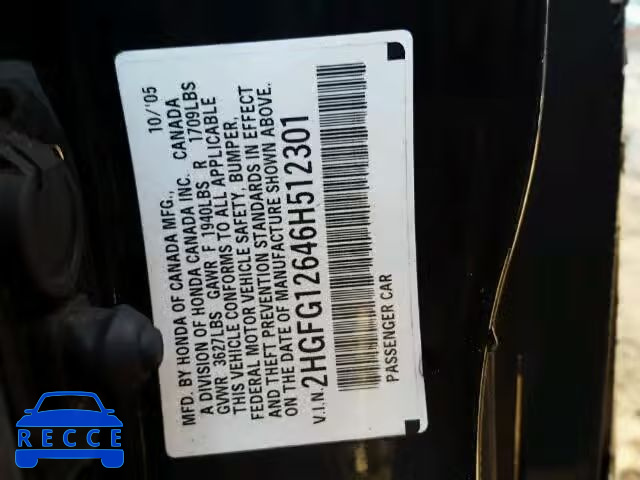 2006 HONDA CIVIC LX 2HGFG12646H512301 image 9