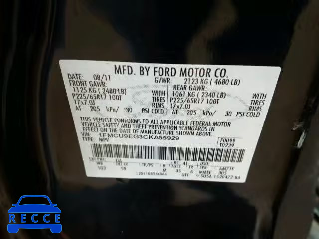 2012 FORD ESCAPE LIM 1FMCU9EG3CKA55929 image 9