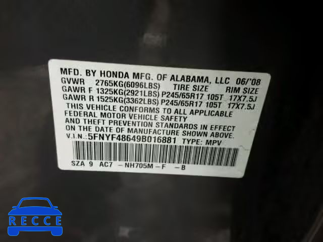 2009 HONDA PILOT EXL 5FNYF48649B016881 image 9