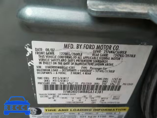 2008 FORD TAURUS X S 1FMDK05W88GA14381 зображення 9