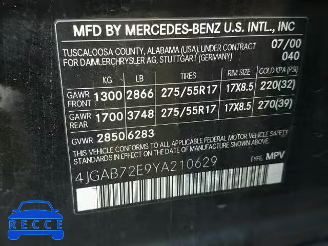2000 MERCEDES-BENZ ML430 4JGAB72E9YA210629 зображення 9