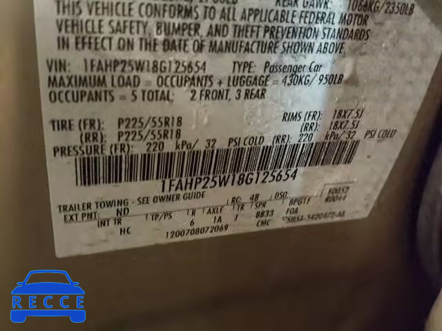 2008 FORD TAURUS LIM 1FAHP25W18G125654 Bild 9