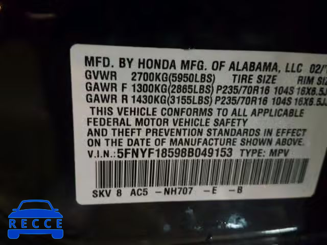 2008 HONDA PILOT EXL 5FNYF18598B049153 image 9