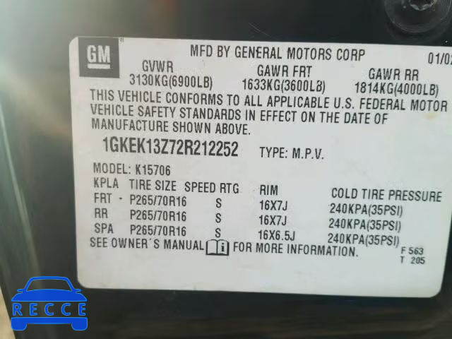 2002 GMC YUKON 1GKEK13Z72R212252 image 9