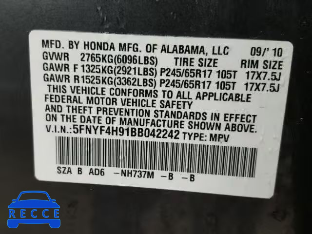 2011 HONDA PILOT TOUR 5FNYF4H91BB042242 image 9