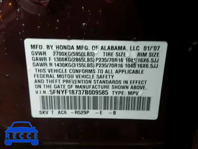 2007 HONDA PILOT EXL 5FNYF18737B009585 image 9