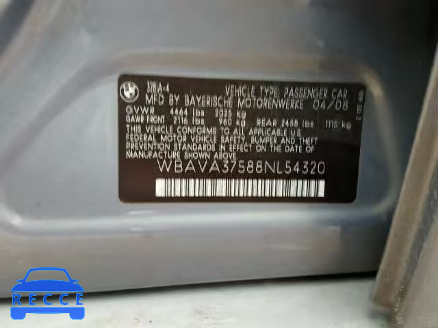 2008 BMW 328I WBAVA37588NL54320 зображення 9