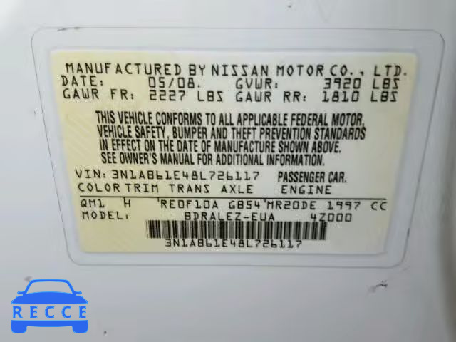 2008 NISSAN SENTRA 2.0 3N1AB61E48L726117 image 9