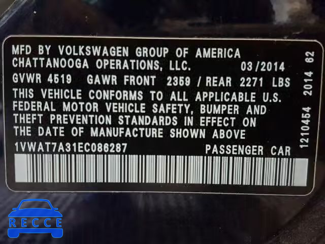 2014 VOLKSWAGEN PASSAT S 1VWAT7A31EC086287 image 9