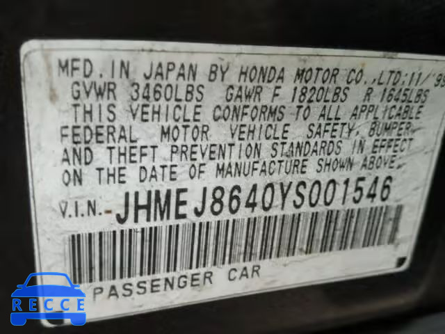 2000 HONDA CIVIC EX JHMEJ8640YS001546 image 9