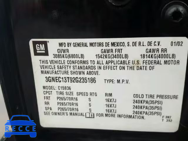 2002 CHEVROLET AVALANCHE 3GNEC13T92G235186 image 9