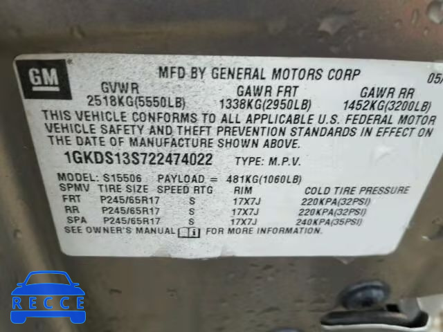 2002 GMC ENVOY 1GKDS13S722474022 Bild 9