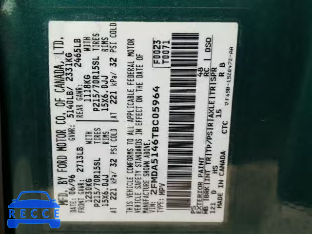 1996 FORD WINDSTAR W 2FMDA5146TBC05964 image 9