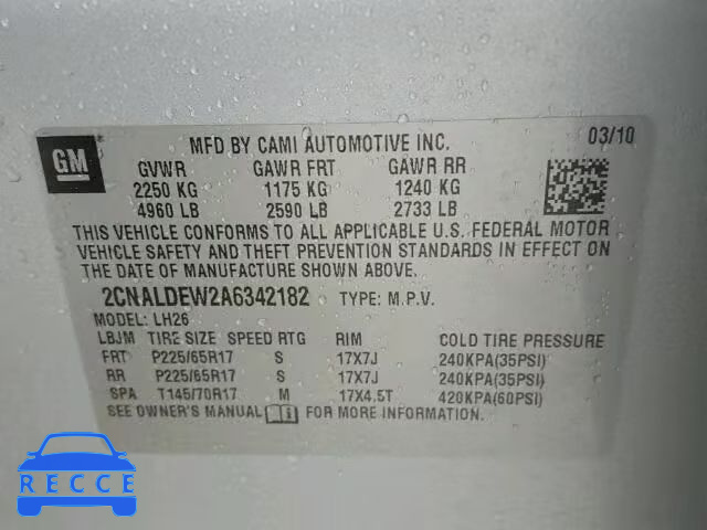 2010 CHEVROLET EQUINOX LT 2CNALDEW2A6342182 image 9