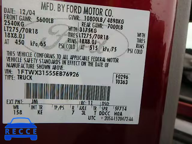 2005 FORD F350 SUPER 1FTWX31555EB76926 image 9