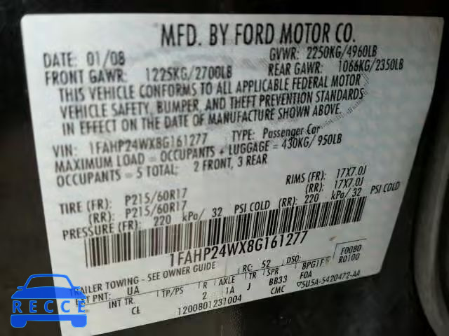 2008 FORD TAURUS SEL 1FAHP24WX8G161277 Bild 9