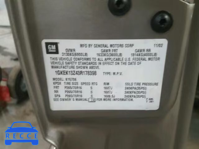 2003 GMC YUKON 1GKEK13Z43R178398 Bild 9