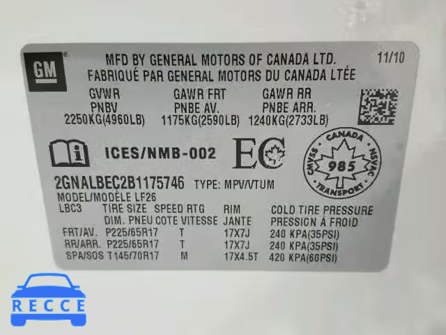 2011 CHEVROLET EQUINOX LS 2GNALBEC2B1175746 image 9