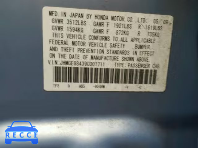 2009 HONDA FIT SPORT JHMGE88439C001711 image 9