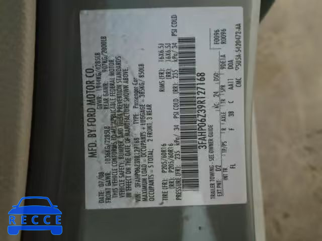 2009 FORD FUSION S 3FAHP06Z39R127168 image 9