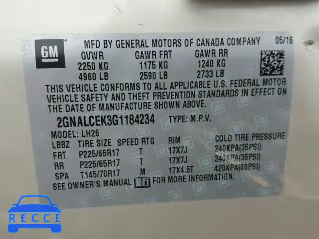 2016 CHEVROLET EQUINOX LT 2GNALCEK3G1184234 Bild 9
