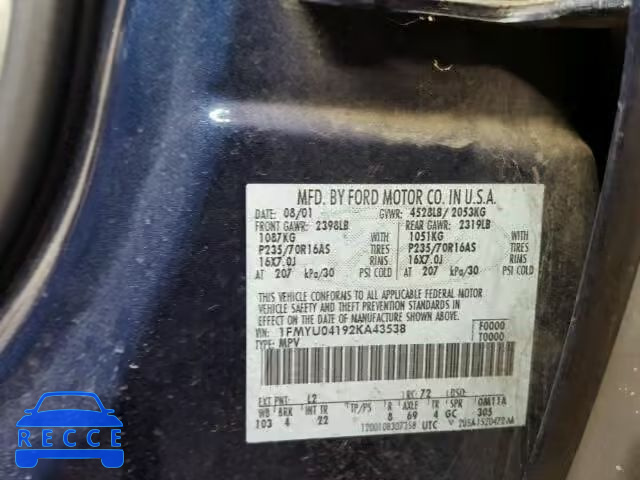 2002 FORD ESCAPE XLT 1FMYU04192KA43538 image 9