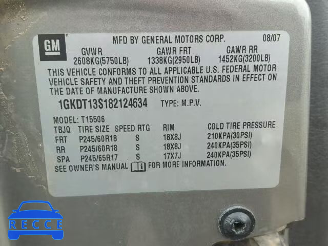 2008 GMC ENVOY 1GKDT13S182124634 image 9