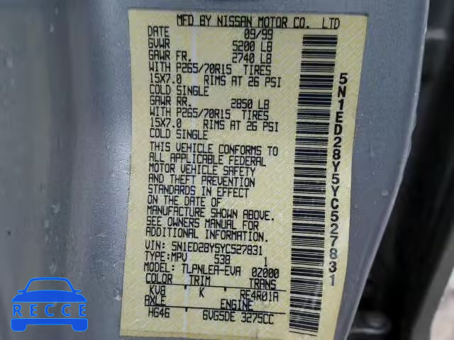2000 NISSAN XTERRA XE/ 5N1ED28Y5YC527831 image 9