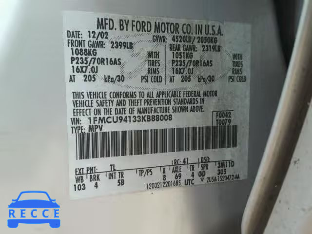 2003 FORD ESCAPE LIM 1FMCU94133KB88008 image 9