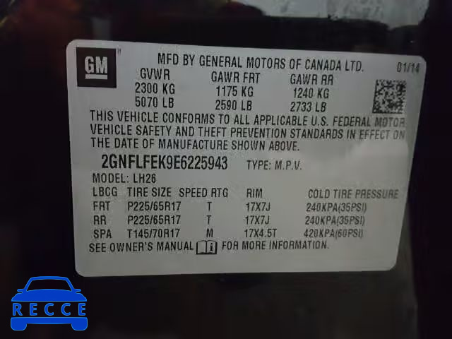 2014 CHEVROLET EQUINOX LT 2GNFLFEK9E6225943 image 9