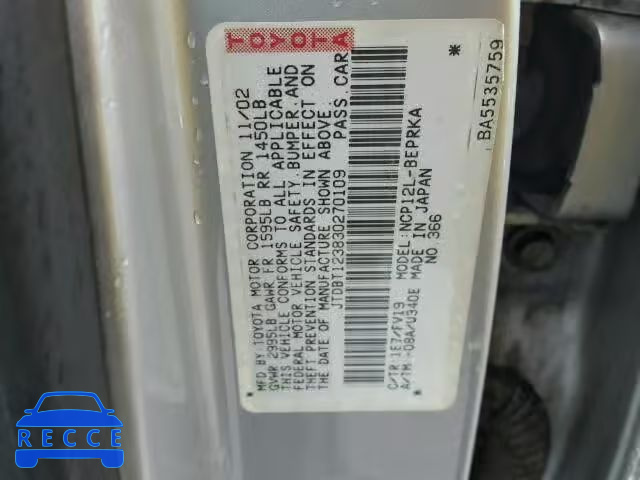 2003 TOYOTA ECHO JTDBT123830270109 image 9