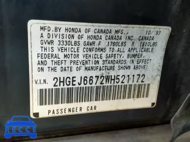 1998 HONDA CIVIC LX 2HGEJ6672WH521172 image 9