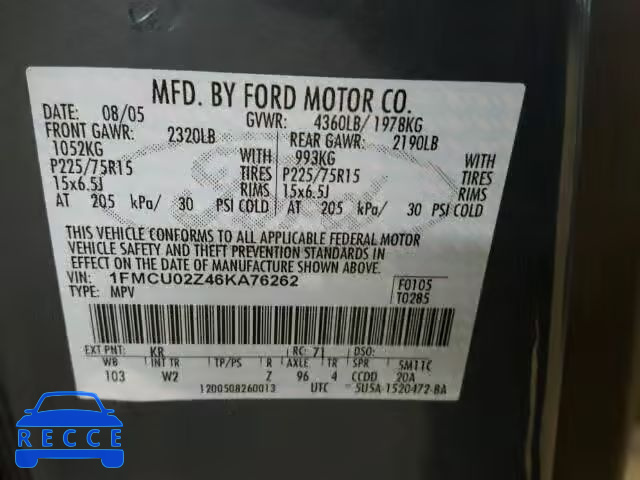 2006 FORD ESCAPE XLS 1FMCU02Z46KA76262 зображення 9